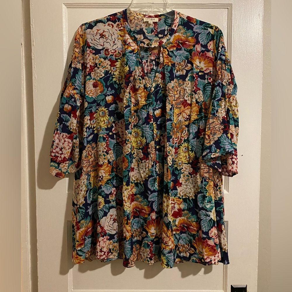 Umgee Floral Print Cut Out Flare Long Sleeve Blouse